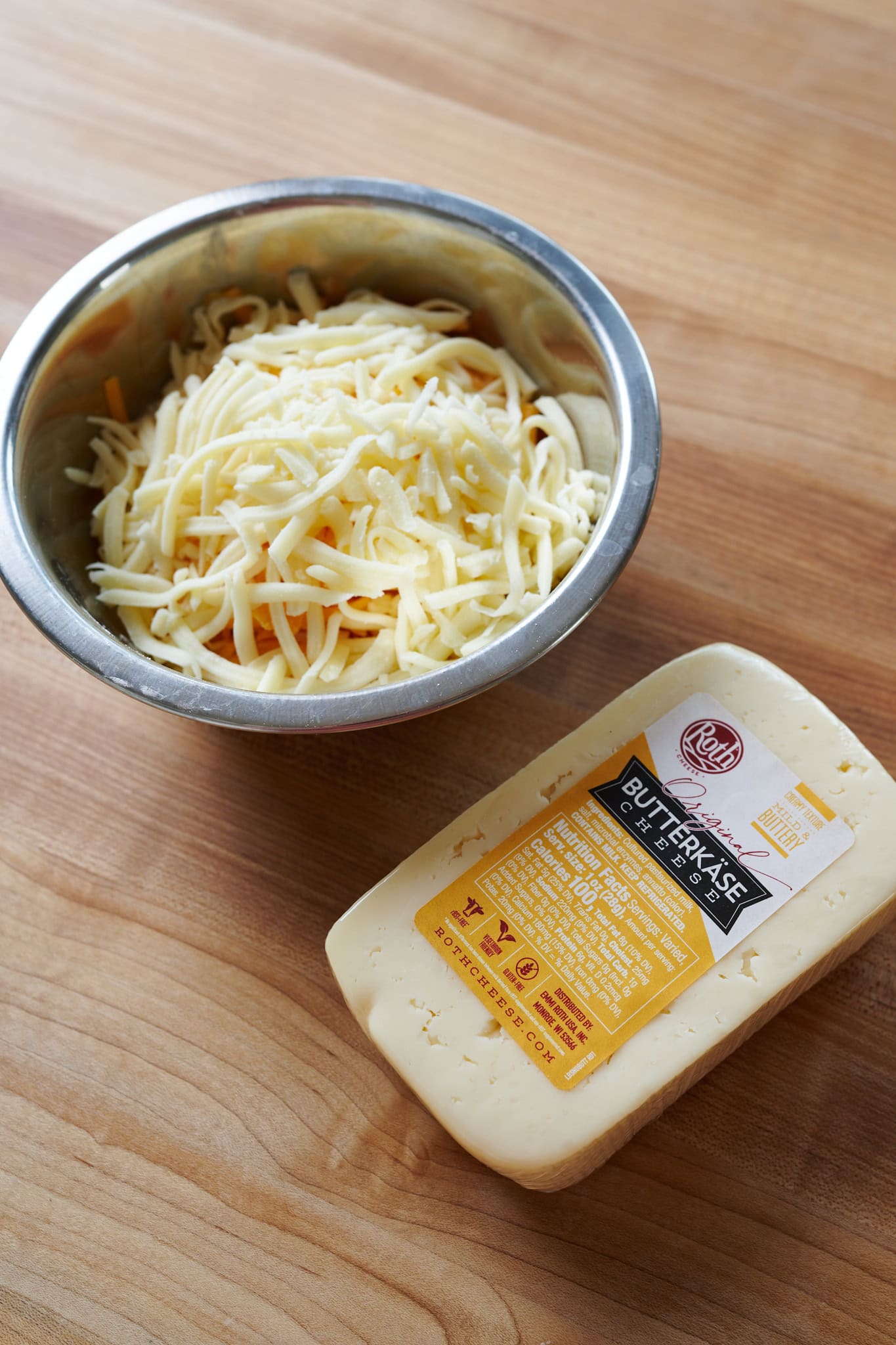 Butterkäse, shredded cheddar, and shredded mozz.