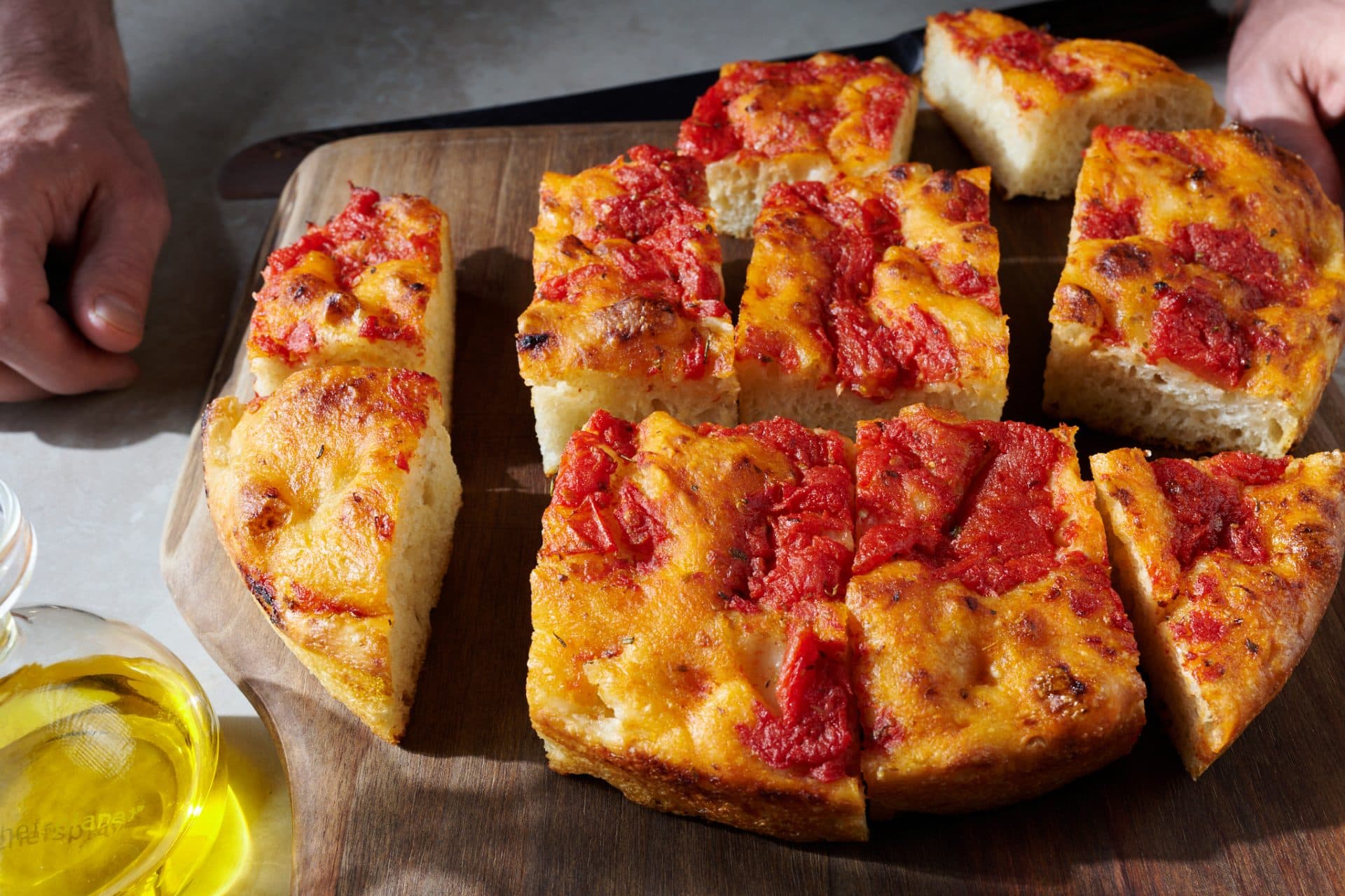 Focaccia Pugliese cut for serving