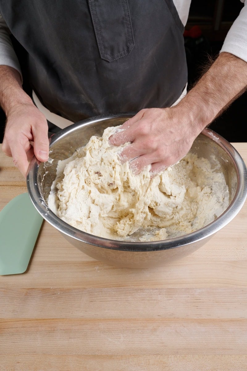 Initial incorporation of the flour and water.