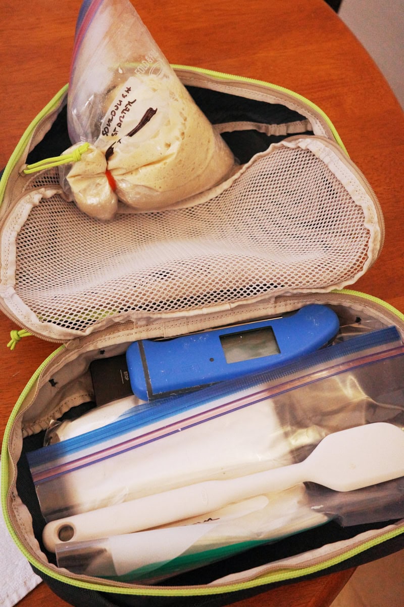 A small bag with items to feed my sourdough starter when traveling.