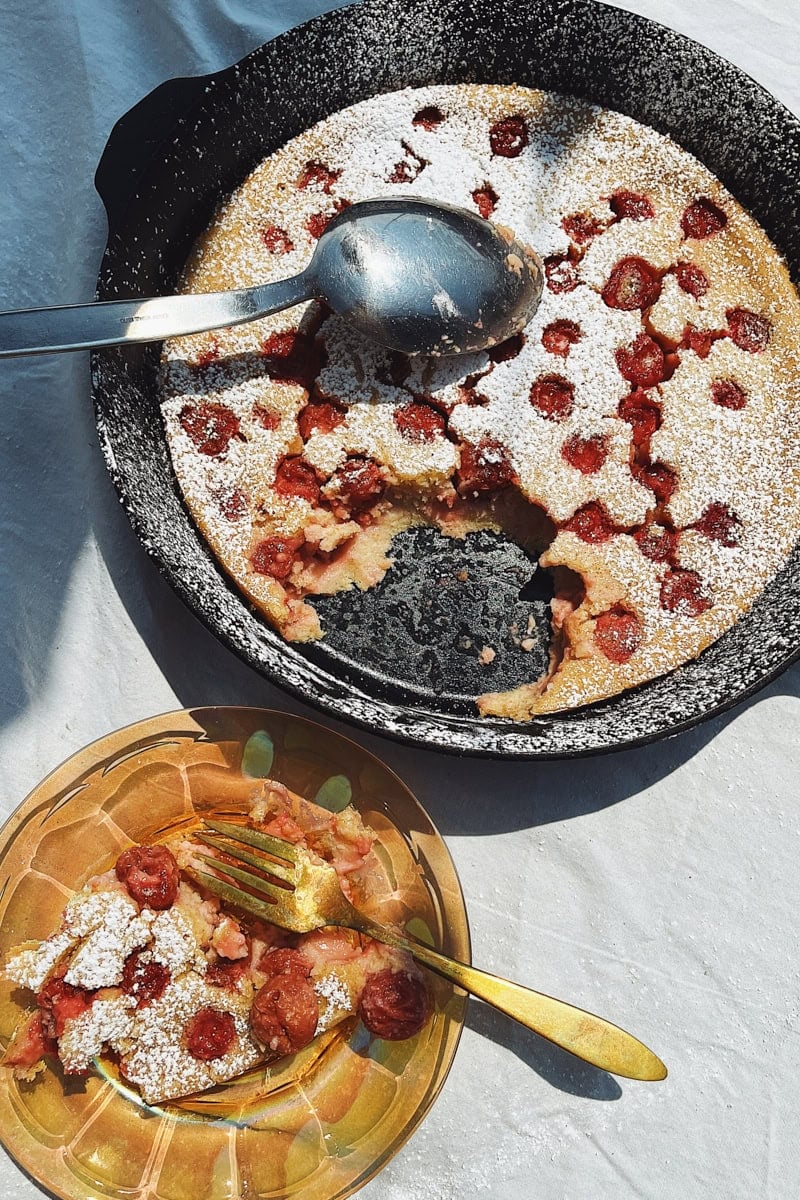 Sourdough discard clafoutis with cherries.