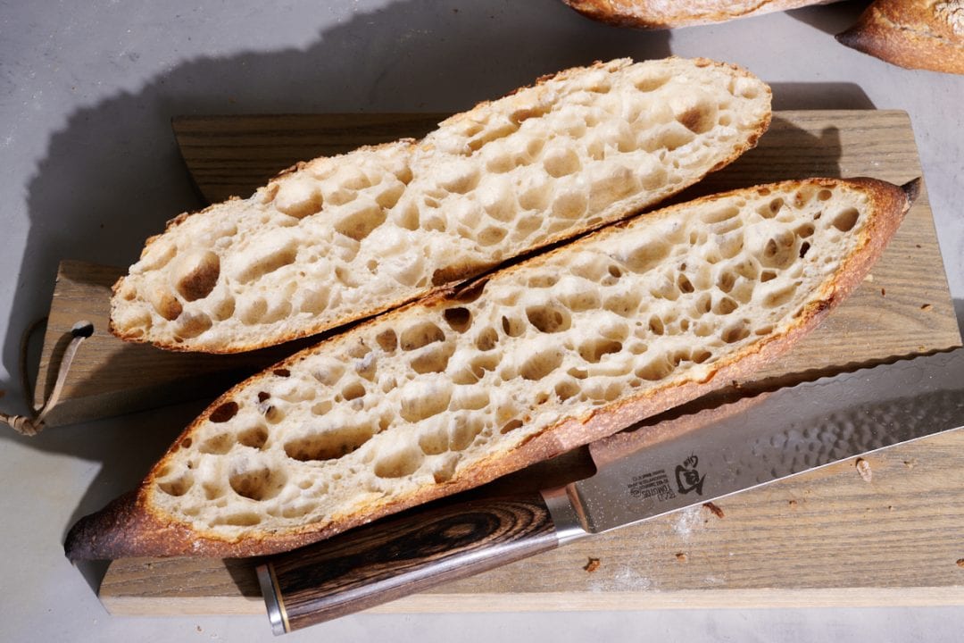 Sourdough baguettes with a thin crust.