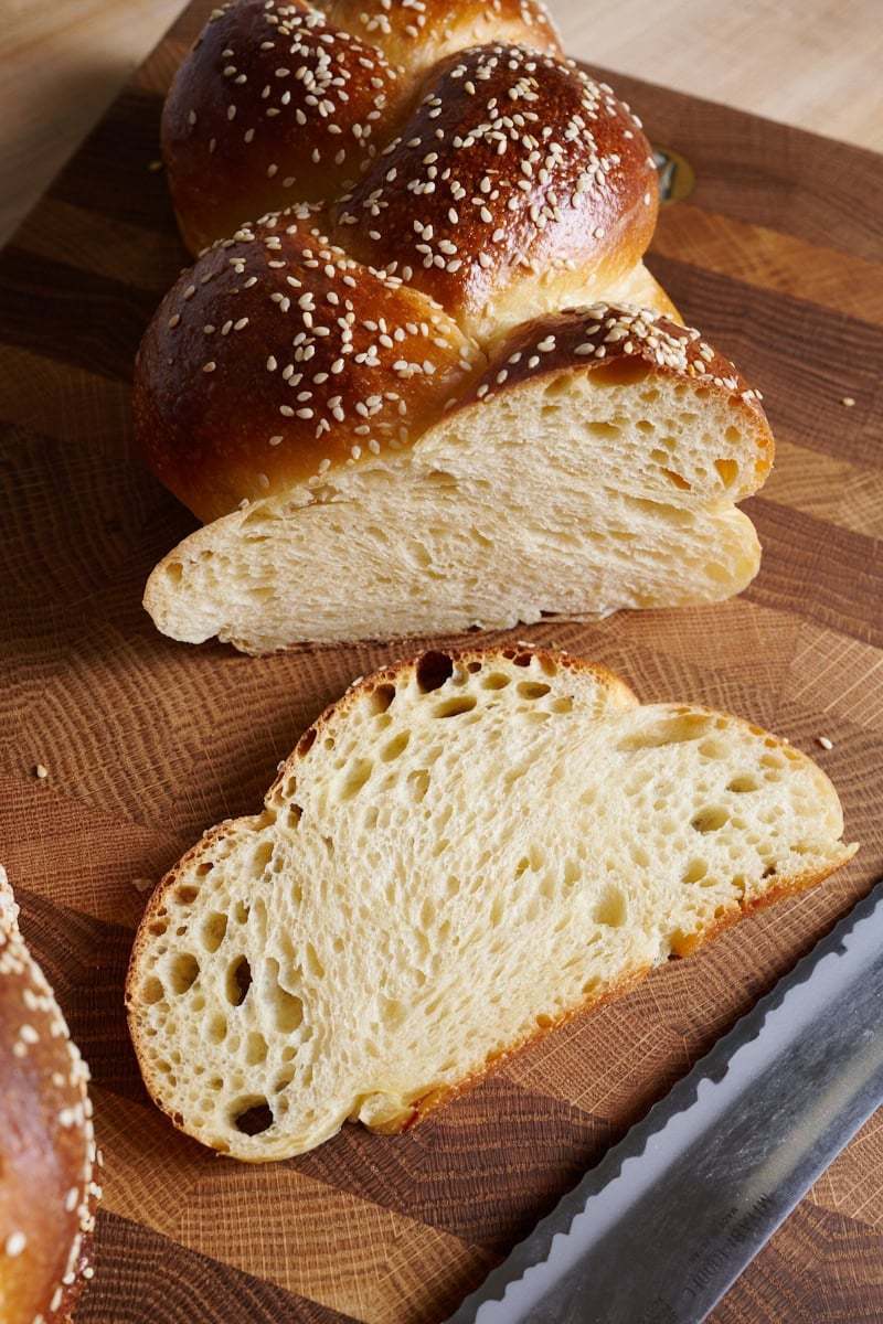 Sliced sourdough challah.