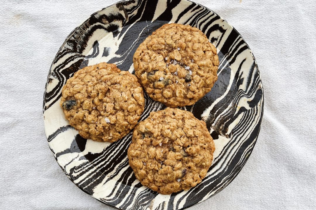 Sourdough discard oatmeal raisin cookies on a plate.