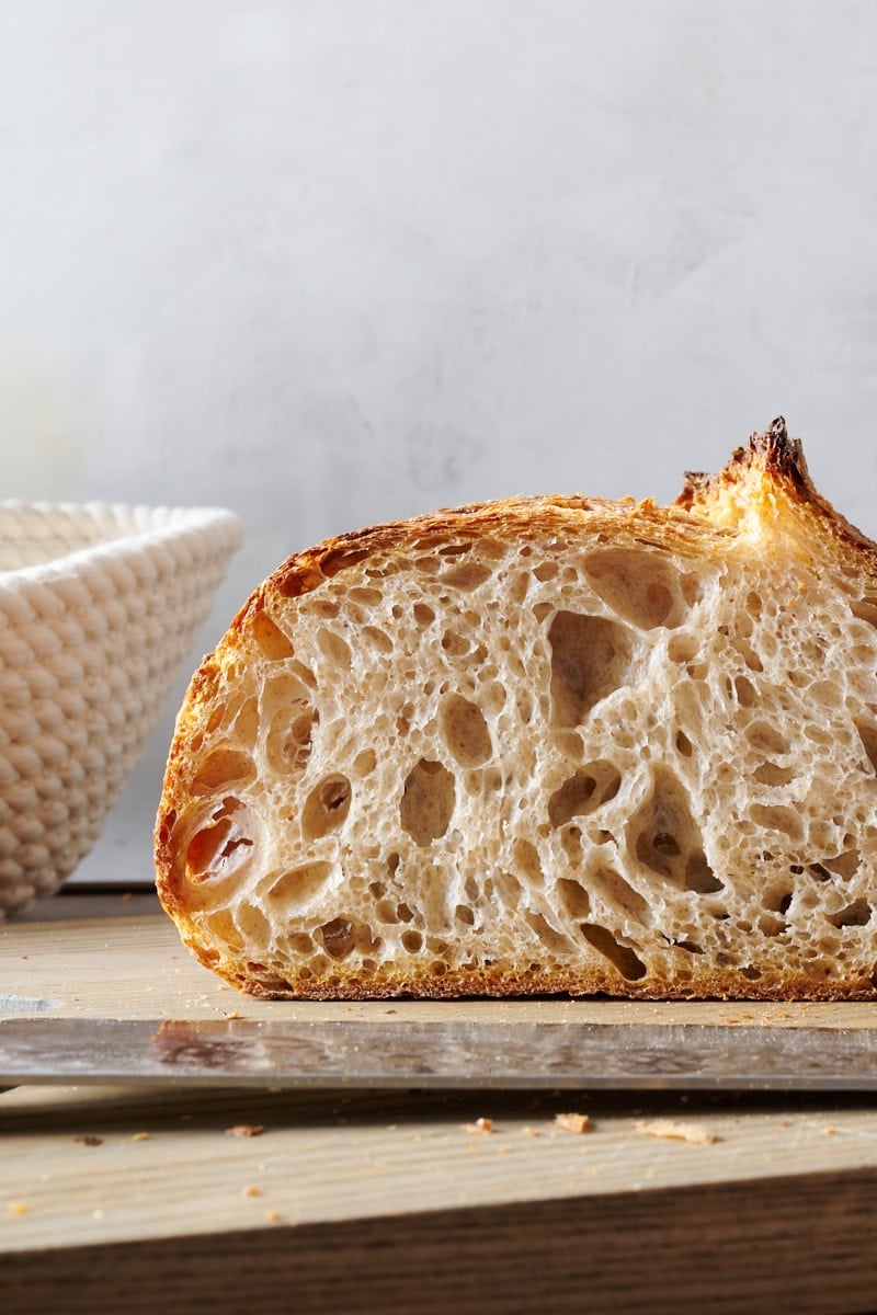 Well-proofed sourdough bread with a thin crust.
